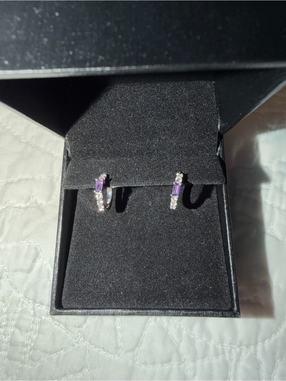 Kay Jewelers Sterling Silver Hoop Earrings with Purple Gem Accents